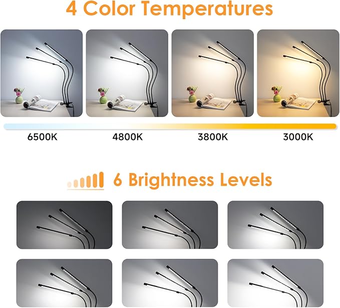ShineTech 3-Head LED Desk Lamp with Clamp, Eye-Caring Clip-on Light for Home Office, 4 Color Modes & 6 Brightness Levels, 360° Flexible Gooseneck Desk Lights for Dorm Room, Reading, Nail, Black