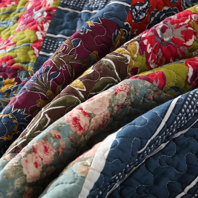 Cotton Bedspread Quilt Sets Reversible Bedding Coverlet Sets 3 Pieces Patchwork Blue Vintage Floral Paisley Bedspread, King Size