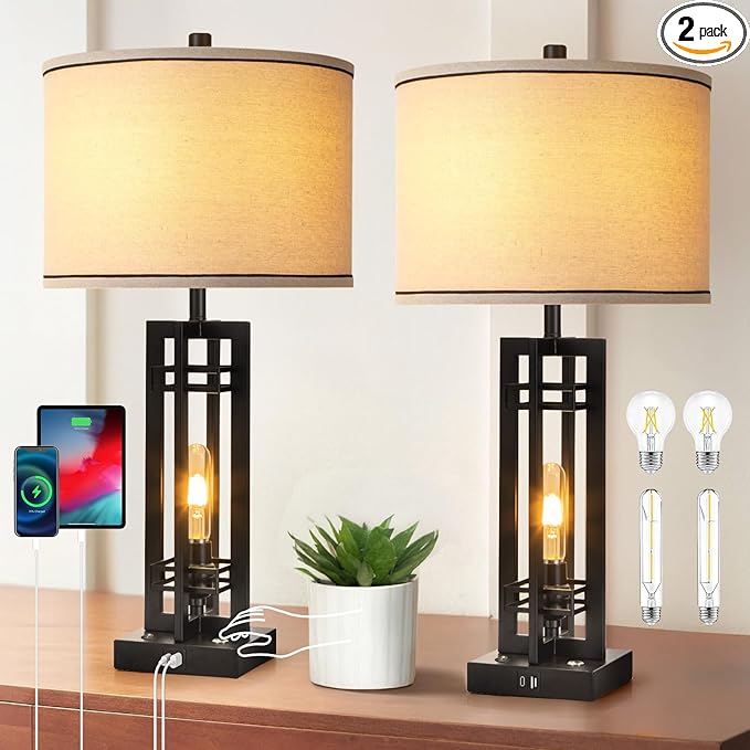 27" Touch Control Farmhouse Table Lamps, Set of 2 Tall Rustic Table Lamps 2-Light Design with USB A+C Ports, Bedside Lamps with Cream Shade for Living Room Home Office, 4 LED Bulbs Included