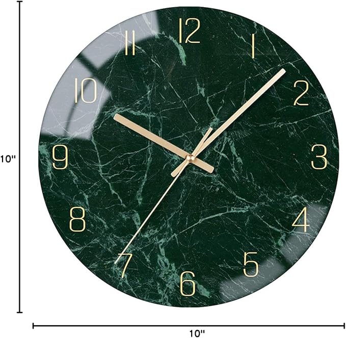 VIKMARI Emerald Green Glass Wall Clock Silent Non-Ticking Battery Operated 10 Inches Modern Marble Texture Home Decorative Kitchen Decor Quartz Small Analog Clock for Bedroom,Living Room,Office