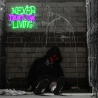 Never Trust The Living Neon Sign Halloween Neon Light Horror Skull LED Sign for Wall Dimmable Spider Web Bat LED Lights Signs for Bar Haunted Mansion Chamber of Secrets Spooky House Decor