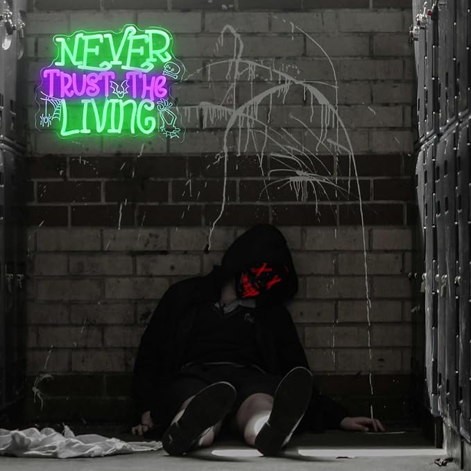 Never Trust The Living Neon Sign Halloween Neon Light Horror Skull LED Sign for Wall Dimmable Spider Web Bat LED Lights Signs for Bar Haunted Mansion Chamber of Secrets Spooky House Decor