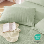 MUXHOMO 7 Pieces King Comforter Set, Seersucker Bed in a Bag King Size, All Season Luxury Bedding Set with Comforter, Flat Sheet, Fitted Sheet, Pillowcases & Shams, Light Green