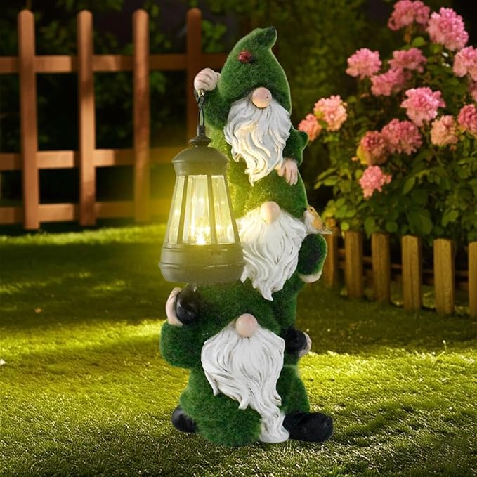Solar Garden Three Gnome Statue Stacked Flocked with LED Light, Outdoor Waterproof Lawn Ornament Decor for Patio Lawn Yard Pathway Gift Idea for Women Mom Mothers Day