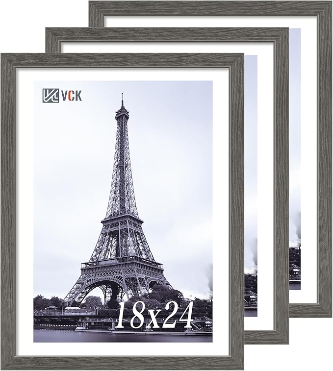 VCK 18x24 Frame Set of 3, Gray Solid Wood Poster Picture Frame, Exclusive Wood Grain, Wall Gallery Frame