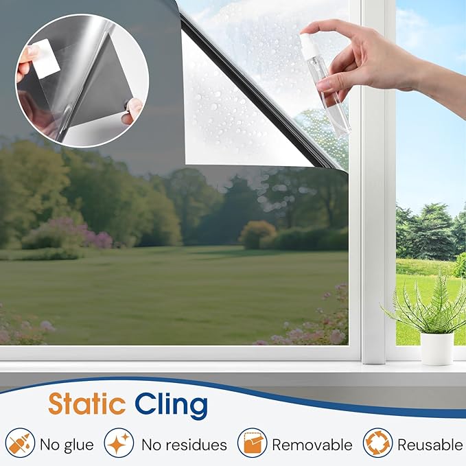 Homein One Way Privacy Window Film with Tool Window Tint for Home Film See Out Not in Heat Control Sun Blocking Mirror Reflective Anti UV Covering Static Cling No Glue Black-Sliver 17.5 x 78.7 inch