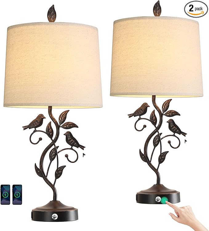 27" Set of 2 Touch Farmhouse Table Lamps for Living Room with 3-Way Dimmable 2 USB Ports, Vintage Rustic Iron Leaf Nightstand Lamp for Bedroom, LED Bulb Included (‎Bronze)
