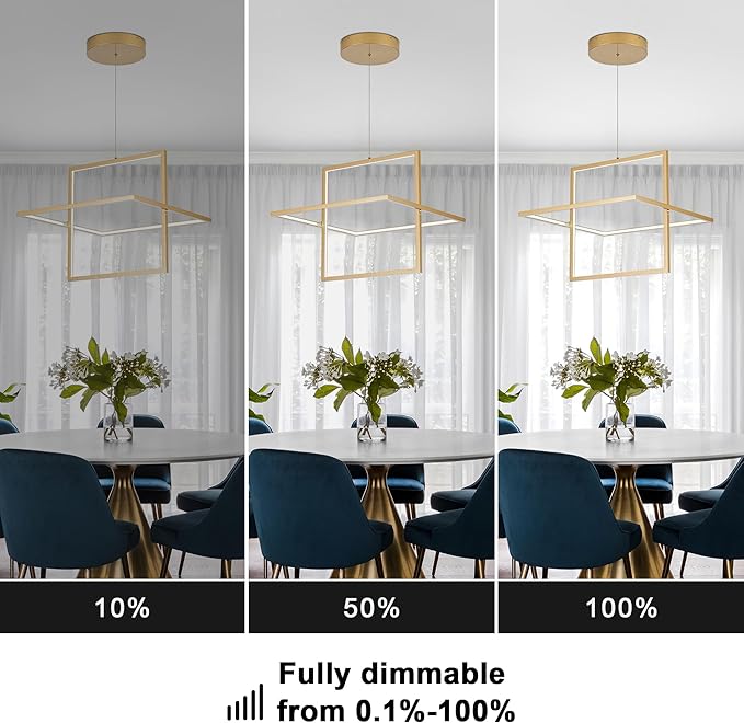 Modern LED Chandelier Led Pendant Light Square Contemporary Chandelier Hanging Light Dimmable for Living Room, Dining Room, Bedroom, Kitchen, Stydy Room 65W 3000K/4000K/6000K (Glod)