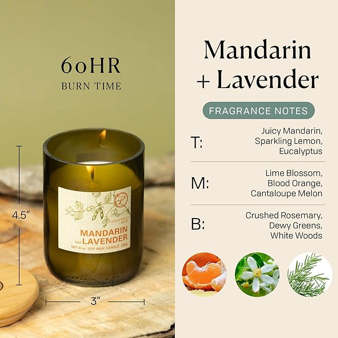 Paddywax Eco Collection Scented Soy Wax Candle in Glass Jar, Mandarin & Lavender Fragrance, Green Vessel with Wood Lid, 8 oz