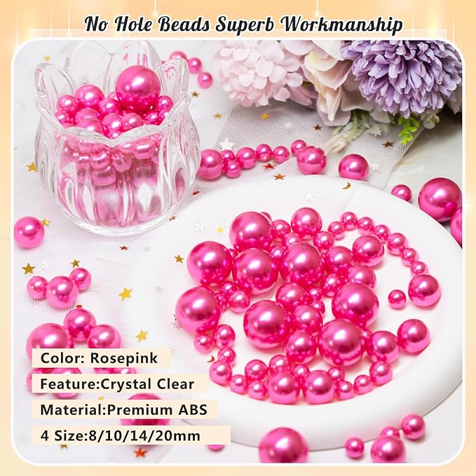 300Pcs Pearl Vase Filler, Rosepink No Hole Faux Pearl Beads for Centerpieces Vases, Candle Centerpieces, Wedding Birthday Party Home Decor 8/10/14/20mm