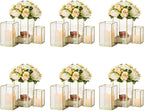 Glass Hurricane Candle Holder Large - Hewory 18pcs Gold Rectangle Flower Holders Centerpiece for Table, Tall Floor Square Pillar Candle Lantern for Wedding, Anniversary, Party, Fireplace, Dining Room