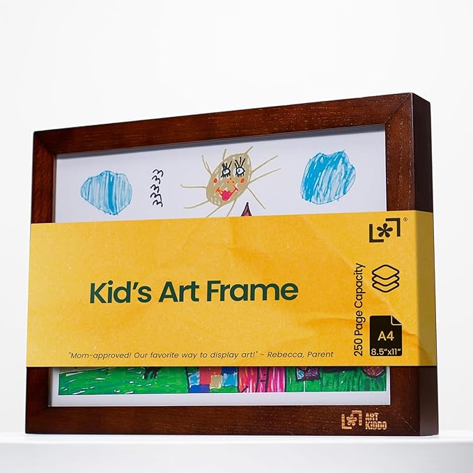 Kids Art Frames 8.5x11, Front Opening Artwork Display Frame for Kids’ Creations – Brown Changeable Frame Holds 250+ Pieces, Show & Store Kids Art, Crafts, and 3D Projects, Easy Wall Hanging