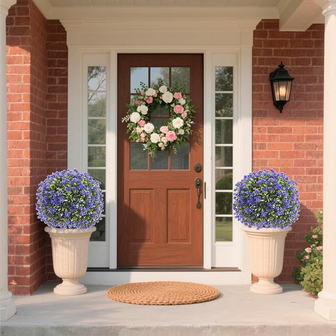 Set of 2 Artificial Boxwood Topiary Ball Trees with Purple Flowers for Outdoor with Ground Spike 29.5", UV Resistant Faux Greenery Shrubs, Fake Plants for Garden, Porch, Patio Valentine's Day Decor