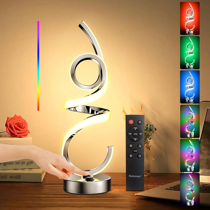 Modern Spiral Table Lamp Color Changing Night Light Rechargeable LED Nightstand Lamp Dimmable Bedroom Lamp Remote Control for Home Decor Living Room Bedroom Office