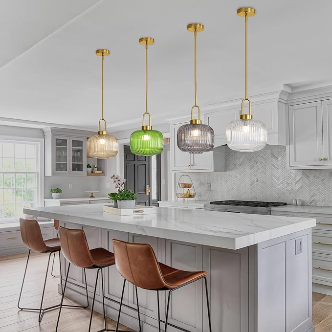 Modern Clear Glass Pendant Light Fixtures, Mid Century Pendant Lights for Kitchen Island, 9.8" Gold Adjustable Height Ceiling Hanging Light Fixtures for Dining Room Entryway Bedroom Foyer Hallway