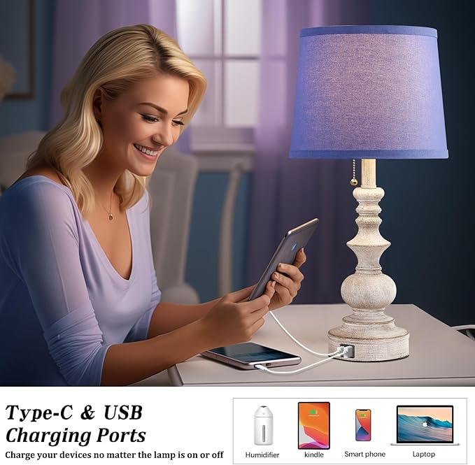 22'' Farmhouse Bedroom Table Lamps Set of 2 Bedside Nightstand Lamps with USB A/C Charging Ports Small Side Table Lamps for Living Room End Tables, Wooden Finish, Blue Shade, Bulb Not Included