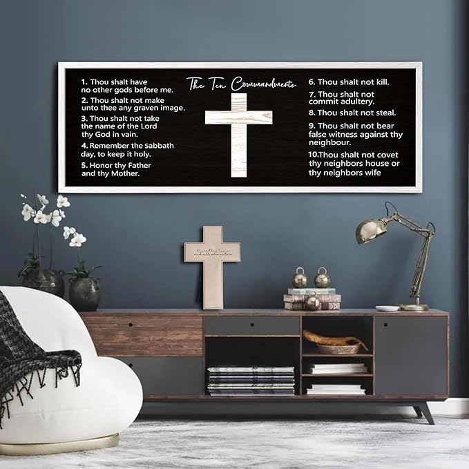 Ten Commandments Rustic Bible Verse Framed Wall Decor, 40" x 15", Religious Christian Slogan Representing a Prayer to God Jesus Christ, Vintage Horizontal Holy Inspirational Catholic Scripture Decor