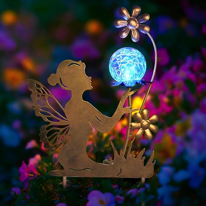 HONGLAND Solar Garden Lights Outdoor Decor, Fairy Figurine Moon Crackle Glass Lights Stake, Housewarming Ornament for Patio, Lawn, Yard, Pathway - Unique Gardening Gifts for Women Mom Grandma