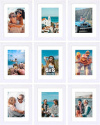 Vittanly 6x8 Picture Frames Set of 9, Shatter Resistant Plexiglass, Display 4x6 Pictures with Mat or 6x8 without Mat, Photo Frames for Wall or Tabletop, Engineered Wood, White