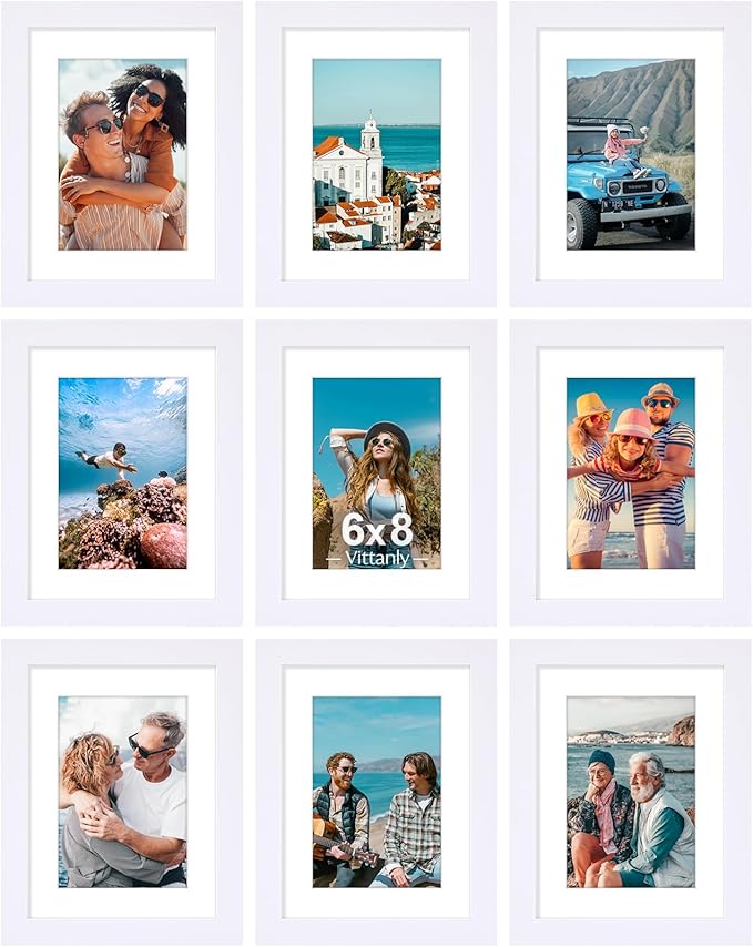 Vittanly 6x8 Picture Frames Set of 9, Shatter Resistant Plexiglass, Display 4x6 Pictures with Mat or 6x8 without Mat, Photo Frames for Wall or Tabletop, Engineered Wood, White