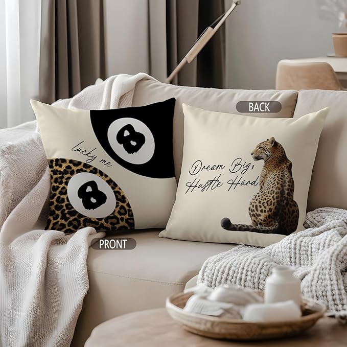 Trendy Leopard Lucky 8 Ball Pillow Covers 18x18, Cheetah Leopard Print Room Decor, Funky Preppy Leopard and Black Billiards Decorative Throw Pillow Covers for Girls Dorm Apartment