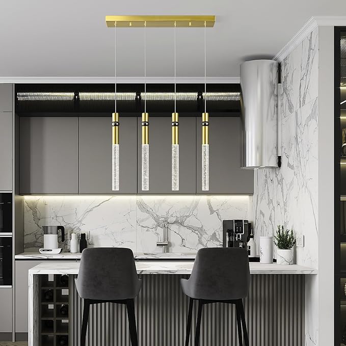 4 Light Pendant Lighting Dining Room Light Fixture Dimmable LED Modern Gold Pendant Light with Bubble Crystal Pendant Lights Kitchen Island