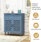 Kitchen Storage Cabinet with Drawers - Accent Cabinet with Carved Door, Floor Sideboard Buffet with Storage, Small Wood Credenza for Living Room, Dining Room, Entryway, Blue