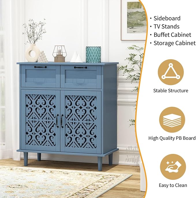 Kitchen Storage Cabinet with Drawers - Accent Cabinet with Carved Door, Floor Sideboard Buffet with Storage, Small Wood Credenza for Living Room, Dining Room, Entryway, Blue