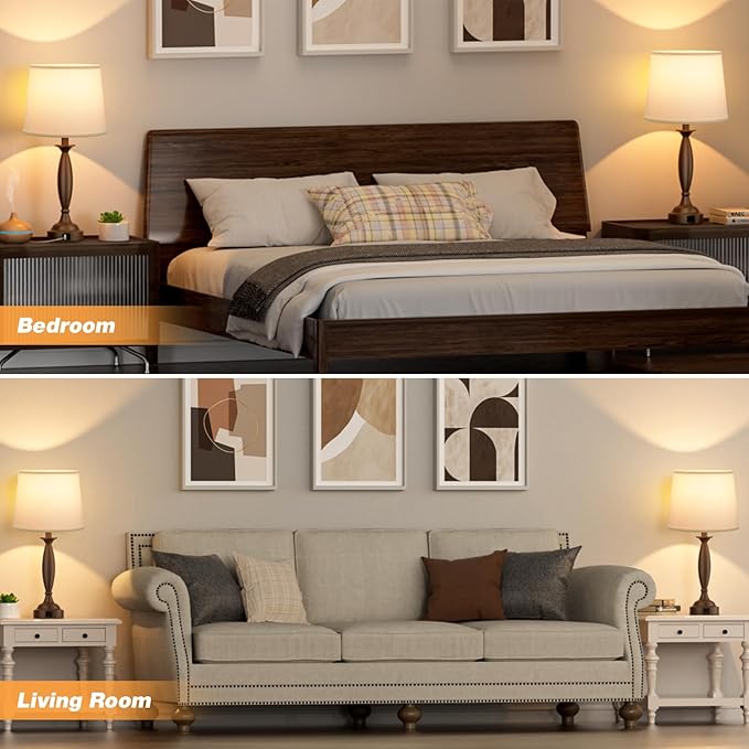 White Brown Lamps for Bedrooms Set of 2 - Touch Control Bedside Lamp with USB C+A, 3 Way Dimmable Nightstand Lamps with USB Port, Table Lamp for Living Room(White Shade and Brown Base)