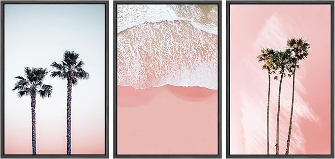 SIGNWIN 3 Piece Framed Canvas Wall Art Palm Tree in The Pink Beach Canvas Prints Home Artwork Decoration for Living Room,Bedroom - 24"x36"x3 Black