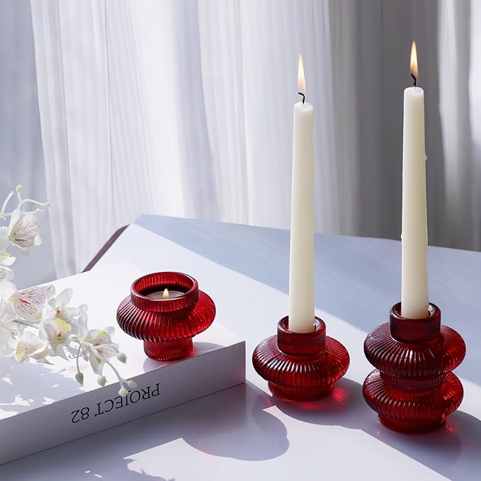 VOHO 12pcs Ribbed Taper Candle Holders for Table Centerpiece, Romantic Red Glass Candle Holder for Anniversary Wedding Decor, Double-Sided Red Tapered Candlestick Holders for Tealight & Taper Candles
