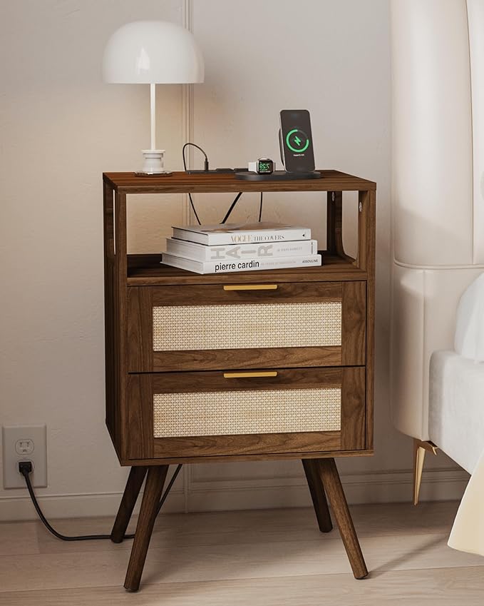 Rattan Nightstand with Charging Station,Farmhouse Bedside Table with 2 Storage Drawer and Open Wood Shelf, for Bedroom and Small Spaces,Night Stand with Solid Wood Legs (Walnut Brown-Outlet)
