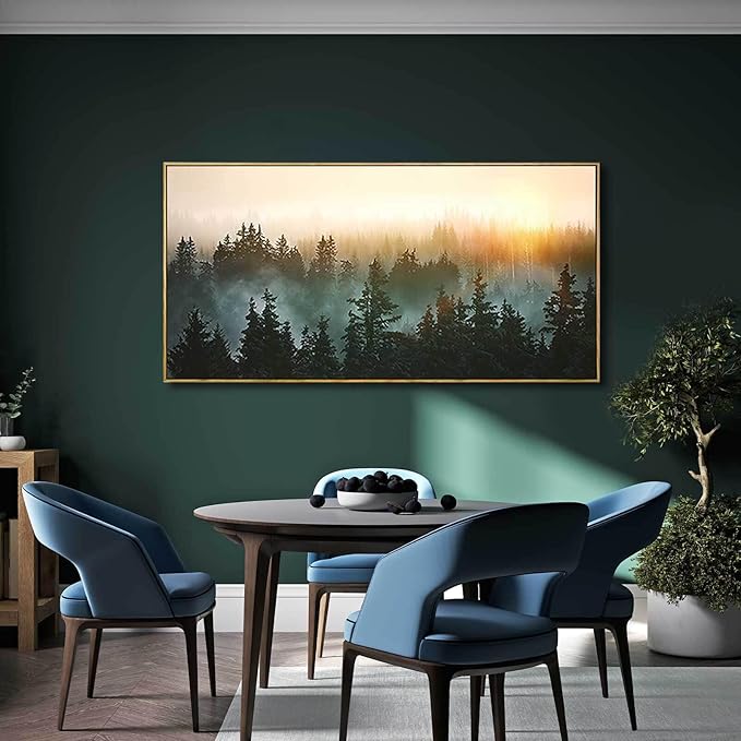 Living Room Wall Art Sunrise Misty Forest 24"x48" Modern Home Wall Decor Plants Wall Decorations Framed Artwork for Bedroom Dining Room Office Hotel