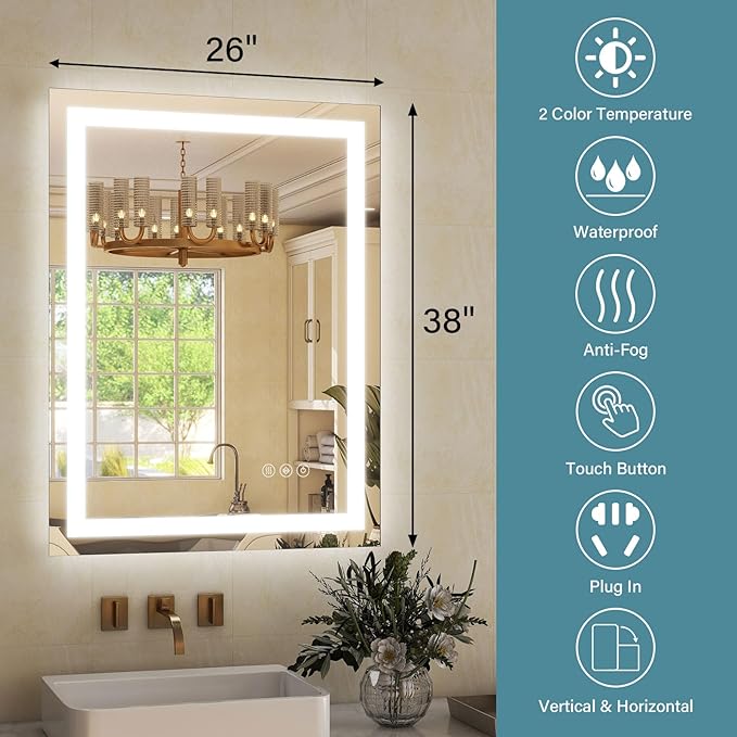 GLSLAND LED Bathroom Mirror - 26"x38" Anti-Fog Lighted Wall Mirrors with Memory Function, Dimmable, Frontlit & Backlit, Horizontally/Vertically, Tempered Glass