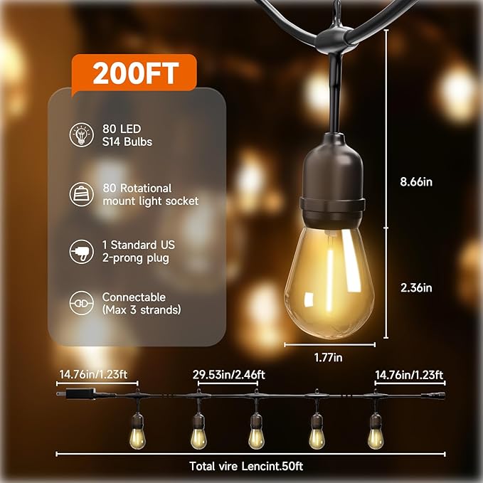 Outdoor Safety String Lights 200FT - 24V 20W Commercial Grade Low Voltage Strand with 80 S14 Shatterproof Bulbs for Tree Garden Yard Cafe Bistro | Warm Yellow 3500K | IP65 Waterproof | UL Listed
