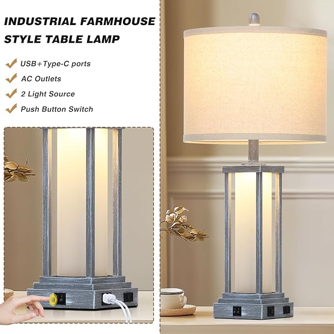 27" Tall Vintage Table Lamp Set of 2 with USB C+A & Outlet,Gray Nightstand Lamp for Living Room,Retro Bedside Lamps with Frosted Glass Night Light for Bedroom Entryway,Grey