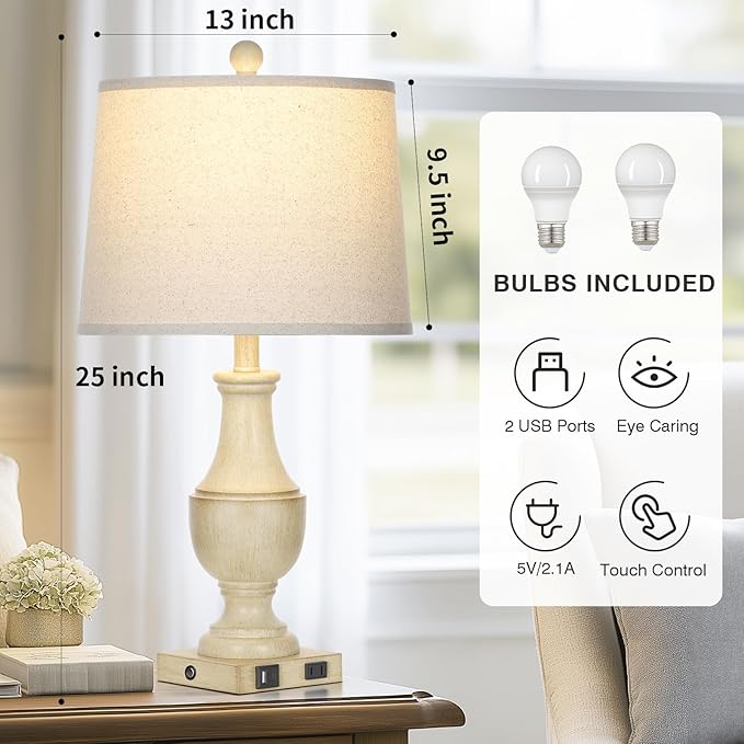 Farmhouse Lamps Set of 2, Vintage Rustic 3-Way Dimmable Touch Control Table Lamp with USB A+C Charging Ports & AC Outlet, Retro Resin Bedside Lamp Linen Shade for Bedroom Office Antique White