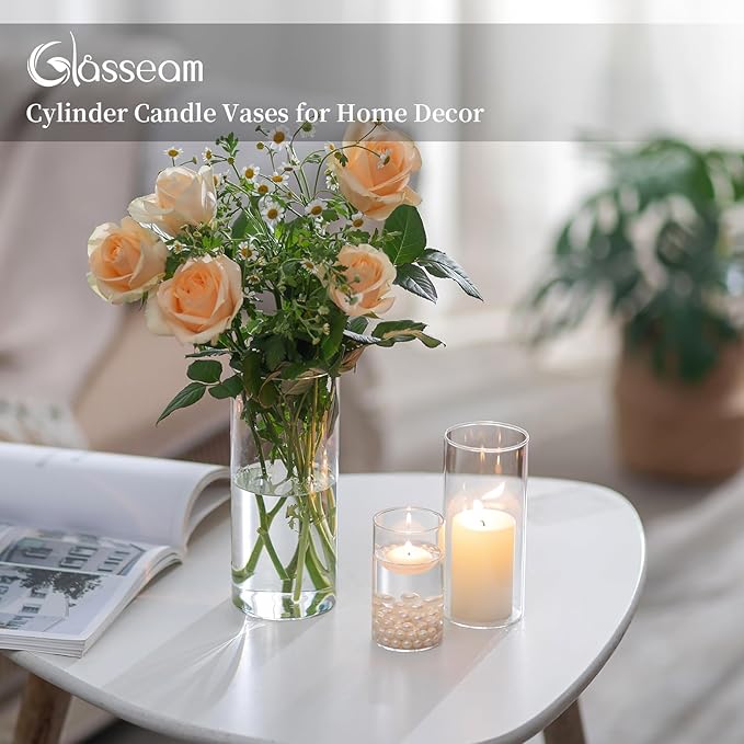 Glasseam Glass Hurricane Candle Holder Set of 6, Cylinder Candle Holders for Table Centerpiece, Modern Cylinder Vases for Centerpieces, Glass Candle Cylinders Clear Candle Vase Decorative for Wedding