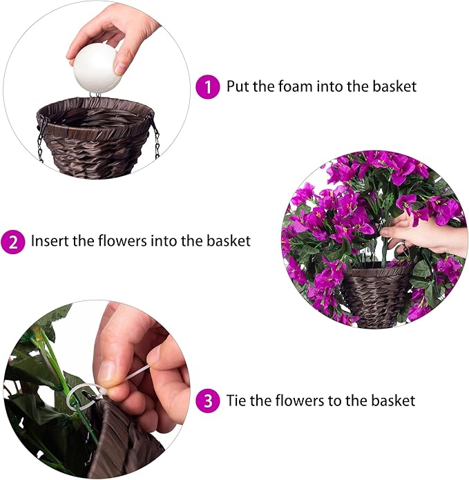 Artificial Bougainvillea Faux Flowers Plants Baskets for Outdoor Outside Summer Decoration, 3 PCS Fake Silk Long Hanging Vines UV Resistant Realistic for Front Door Porch Patio Balcony, Purple