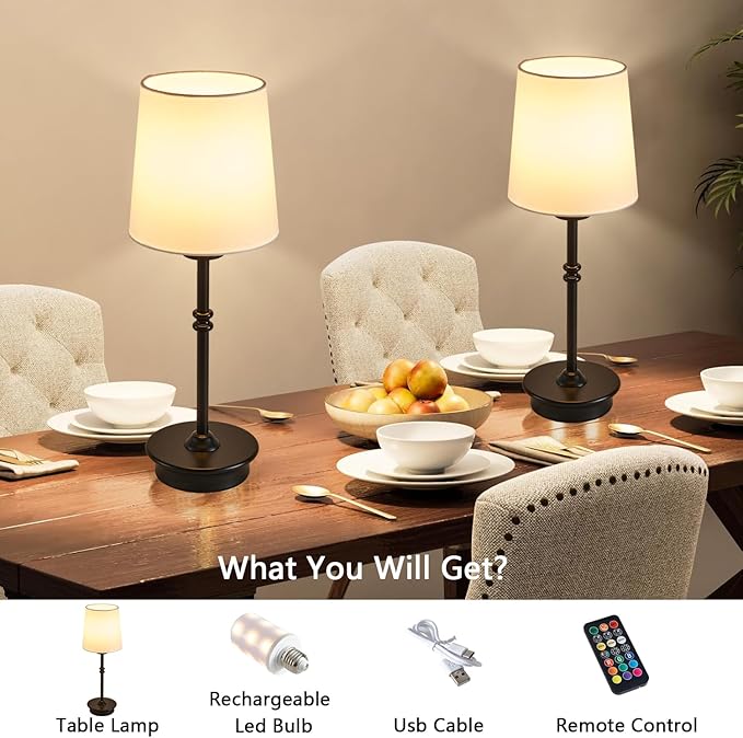 Rechargeable Cordless Table Lamp, Black Battery Operated Desk Lamps with Detachable LED Bulbs, 13 Colors Dimmable Bedside Lights for Bedroom, Bar, Night Light, Camping
