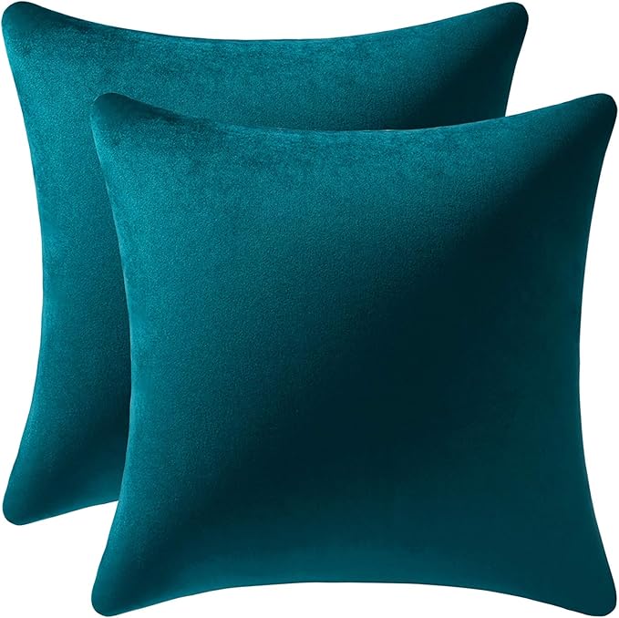 Throw Pillow Cases 18x18 Teal: 2 Pack Cozy Soft Velvet Square Decorative Pillow Covers for Farmhouse Home Decor