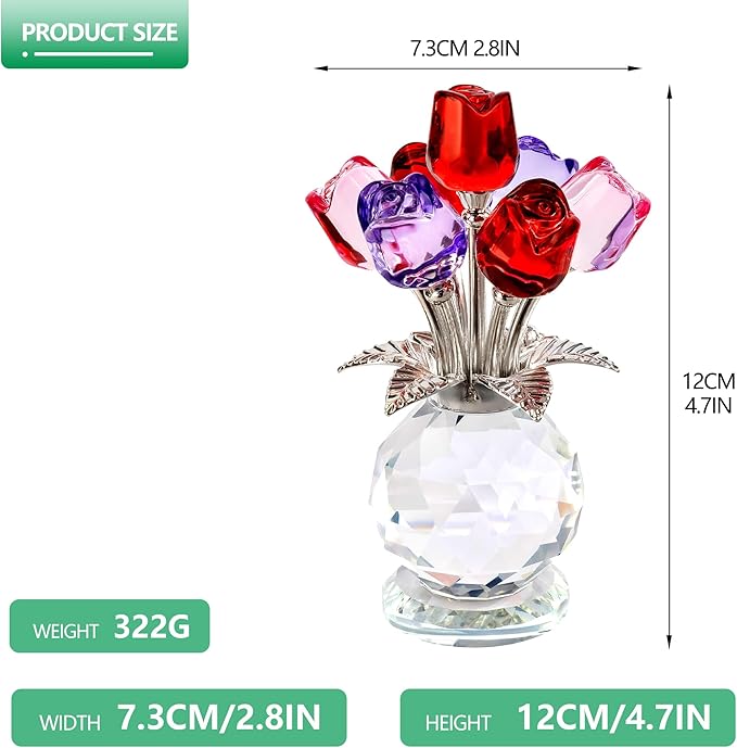Crystal Rose Bouquet Flower Figurine Pink Purple and Red Flower Ornaments Gift for Lover