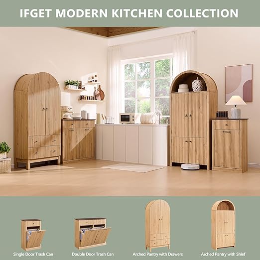 Modern Tilt-Out Trash Can Cabinet, 10 Gallon Fluted Laundry Hamper Cabinet with Drawers, Wooden Hidden Garbage Can Cabinet w/Storage Basket, Free Standing for Kitchen & Living Room,Natural Oak