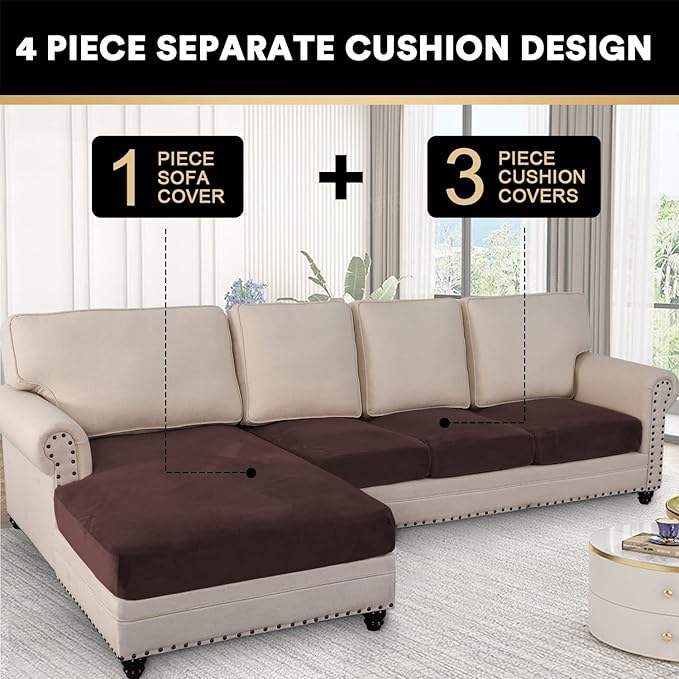 PrinceDeco Sectional Couch Covers 4 Pieces Velvet Separate Couch Cushion Covers L Shape for Left/Right Chaise Sectional Couch with Elastic Bottom (3 Seater + 1 Chaise,Brown)