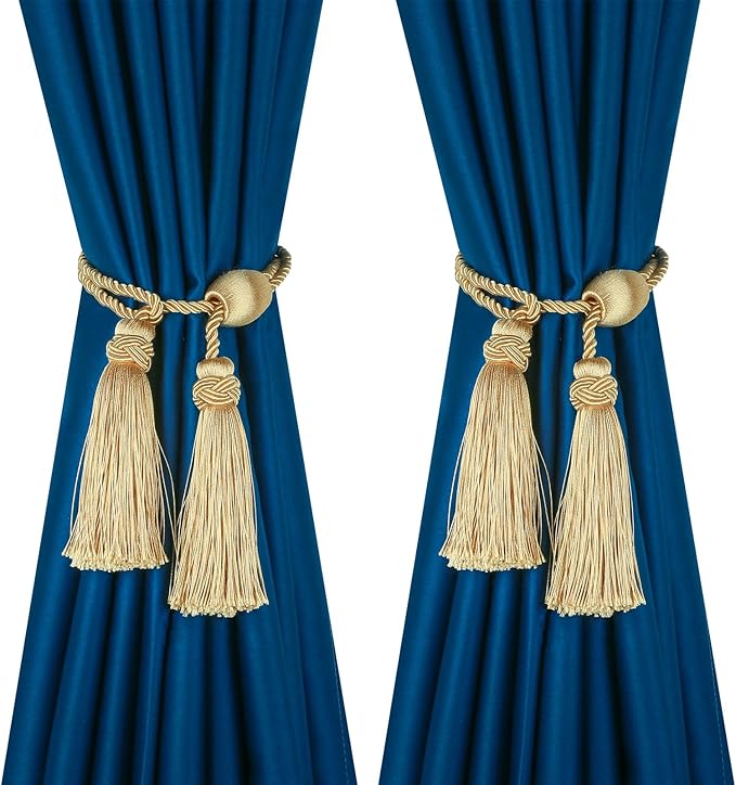 Gold Curtain Tiebacks with Tassel,Modern Rope Window Curtain Ties Backs for Draperies, Outdoor Elegant Decorative Curtain Holdbacks