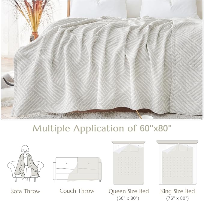 jinchan Boho 100% Cotton Blanket Muslin Twin Size 60x80 Inches Lightweight 3-Layer Geometric Square Pattern Reversible Quilt Throw Soft Breathable Comfy All Seasons for Couch Bed Decor, Light Grey