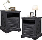 ACCOHOHO 18" Farmhouse Nightstand Set of 2 with Charging Station,End Table with 2 Drawers Storage,Side Table,Bedside Cabinet for Bedroom,Living Room, Black