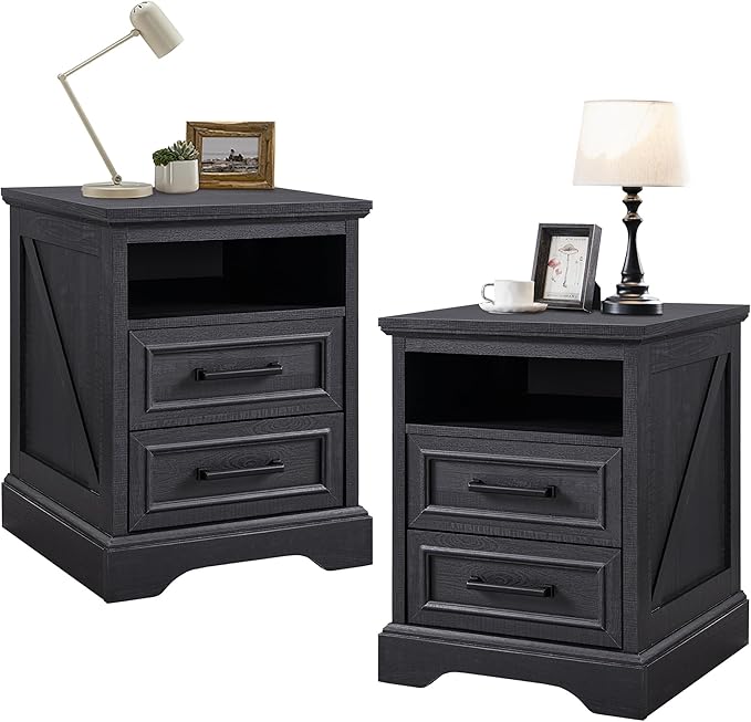 ACCOHOHO 18" Farmhouse Nightstand Set of 2 with Charging Station,End Table with 2 Drawers Storage,Side Table,Bedside Cabinet for Bedroom,Living Room, Black