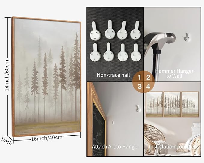 SIGNINART Large Pine Tree Framed Canvas Wall Art Set, Foggy Forest Landscape Wall Decor, Modern Beige Nature Artwork, Misty Forest Wall Painting for Living Room, Bedroom,Office 16 x24 x3