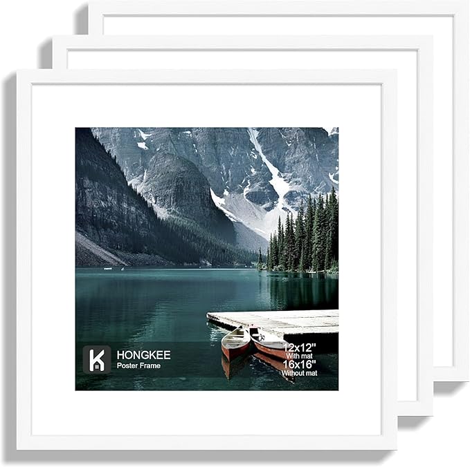 16x16 Square Frame Set of 3 - Display 12x12 Photo with Mat or 16 x 16 Poster without Mat, Wall Mounting Horizontal and Vertical, White